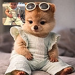 A delightful chubby-cheeked baby sits on a bed wearing novelty sunglasses on their head, fingering their outfit with a tiny red bracelet visible — the cozy bedroom and soft bedding make the scene look like a sleepy fashion shoot for miniature influencers.