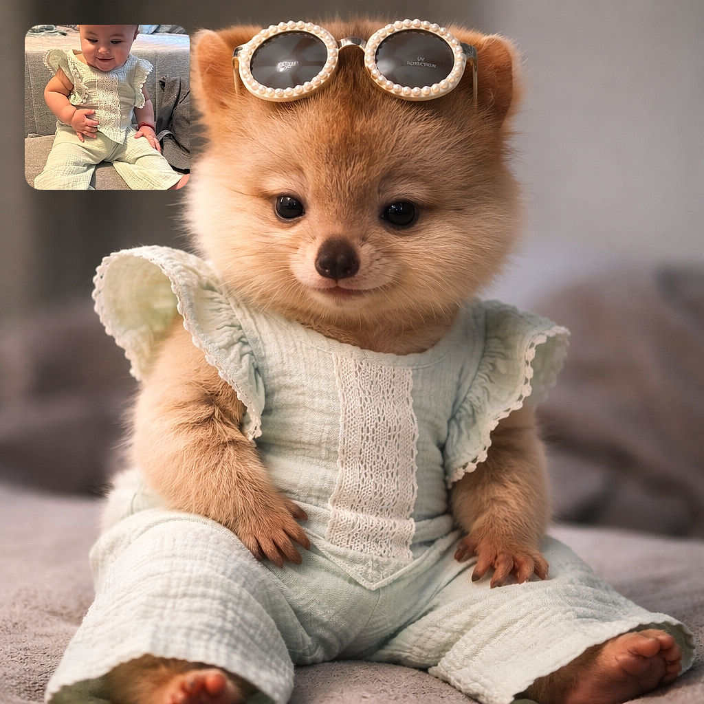 A delightful chubby-cheeked baby sits on a bed wearing novelty sunglasses on their head, fingering their outfit with a tiny red bracelet visible — the cozy bedroom and soft bedding make the scene look like a sleepy fashion shoot for miniature influencers.