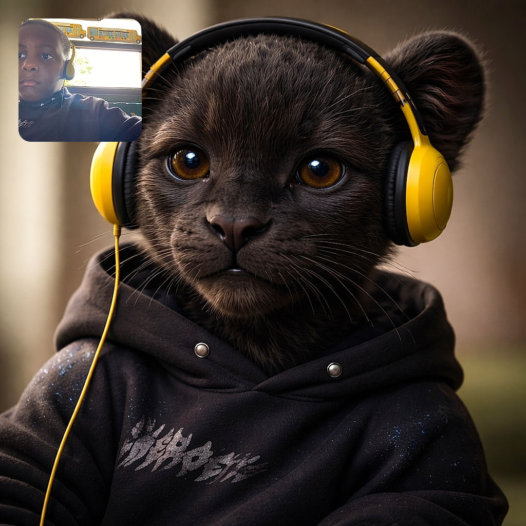 A focused young child wearing yellow headphones looks thoughtfully off to the side with a bright window and playful school bus decorations in the background, creating a cozy yet educational vibe.