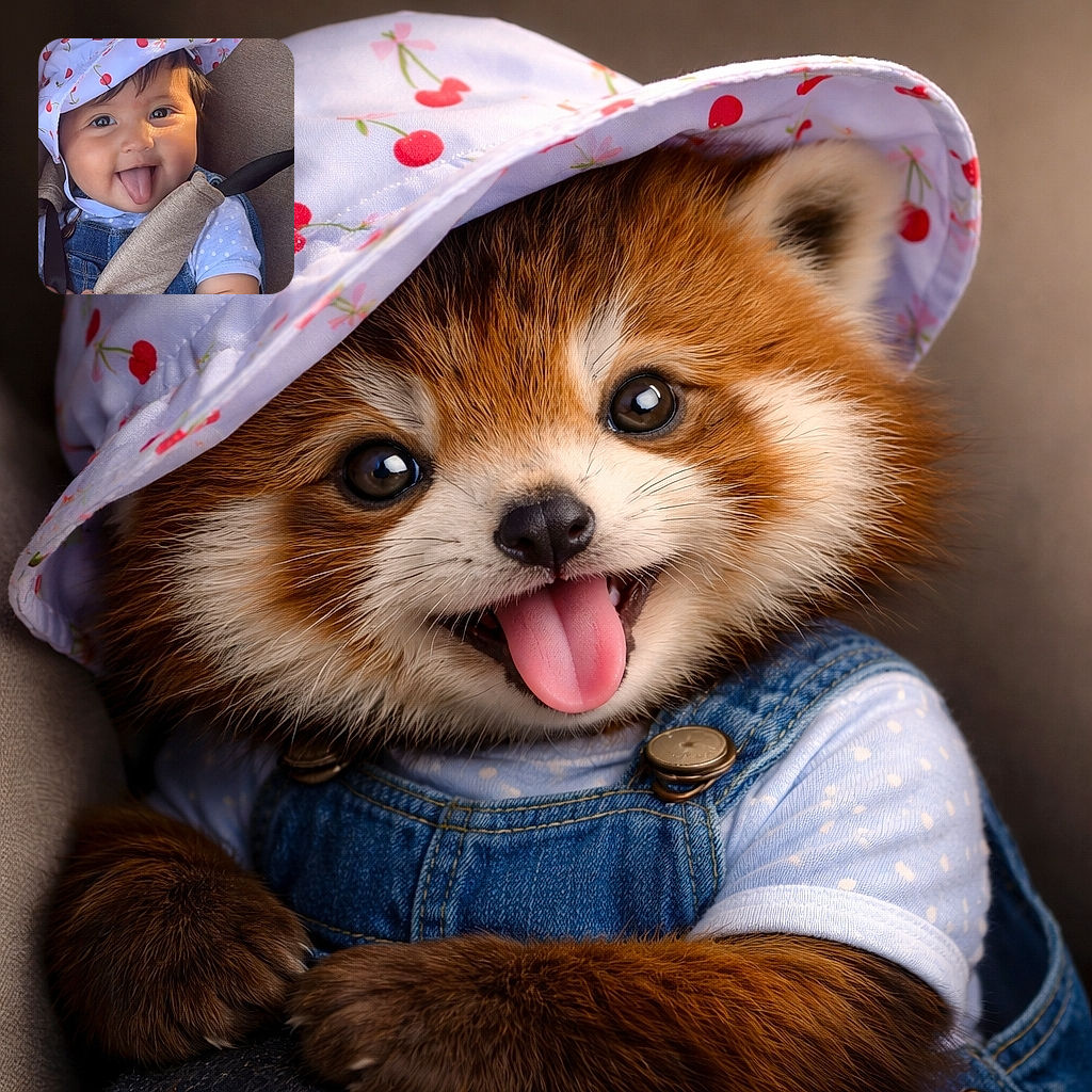 A joyful baby wearing a cherry-patterned sun hat and denim overalls is strapped into a car seat, gleefully sticking out their tongue and holding onto the seatbelt with chubby hands, bathed in warm natural light.