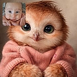 A wide-eyed, mischievous baby in a pink knit sweater fills the frame — chubby cheeks, tiny grin and sparkling eyes locked on the camera while cozy patterned bedding blurs in the background. Looks like someone just discovered their own cuteness and is plotting adorable chaos.