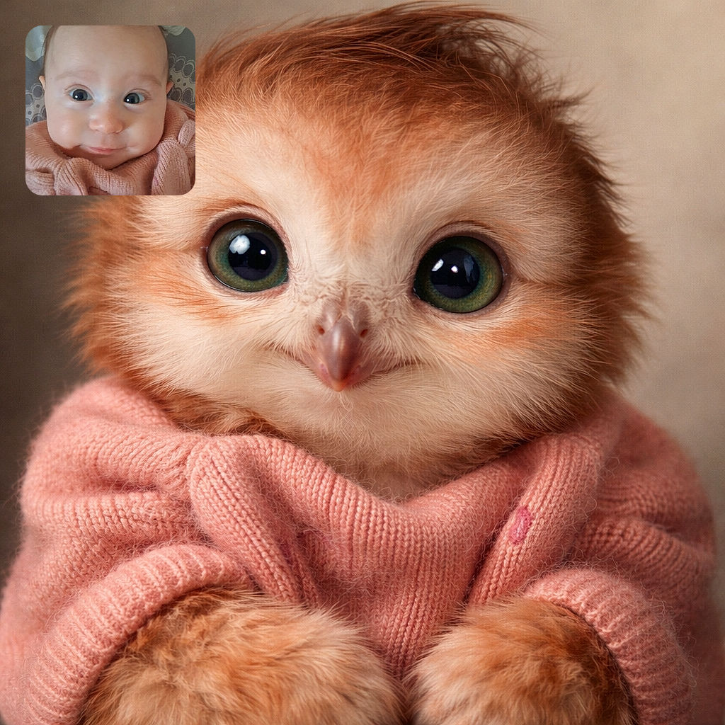 A wide-eyed, mischievous baby in a pink knit sweater fills the frame — chubby cheeks, tiny grin and sparkling eyes locked on the camera while cozy patterned bedding blurs in the background. Looks like someone just discovered their own cuteness and is plotting adorable chaos.
