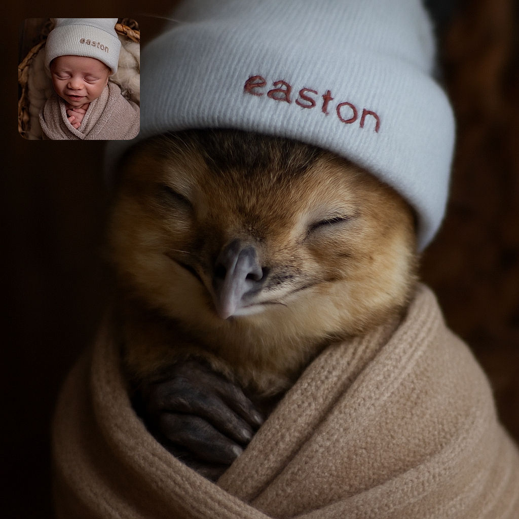A peaceful newborn baby wrapped snugly in a soft beige blanket, wearing a white hat embroidered with 'easton', sleeping soundly in a cozy woven basket lined with fluffy wool. The serene smile on the baby's face adds a heartwarming touch to this tender moment.