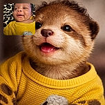 A close-up of a smiling baby wearing a bright yellow sweater, lying on a leopard-print blanket. The baby looks curious and joyful with a slight smirk, capturing an adorable and candid moment.