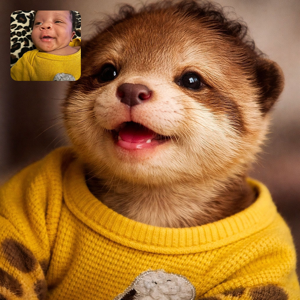 A close-up of a smiling baby wearing a bright yellow sweater, lying on a leopard-print blanket. The baby looks curious and joyful with a slight smirk, capturing an adorable and candid moment.