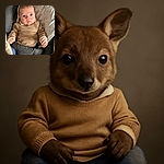 A wide-eyed baby bundled up in a cozy beige sweater and blue pants sits snugly in a cushioned baby seat decorated with cute sheep patterns, clutching a pacifier with a curious and slightly serious expression.