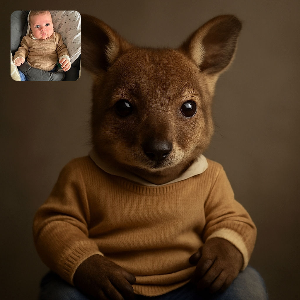 A wide-eyed baby bundled up in a cozy beige sweater and blue pants sits snugly in a cushioned baby seat decorated with cute sheep patterns, clutching a pacifier with a curious and slightly serious expression.