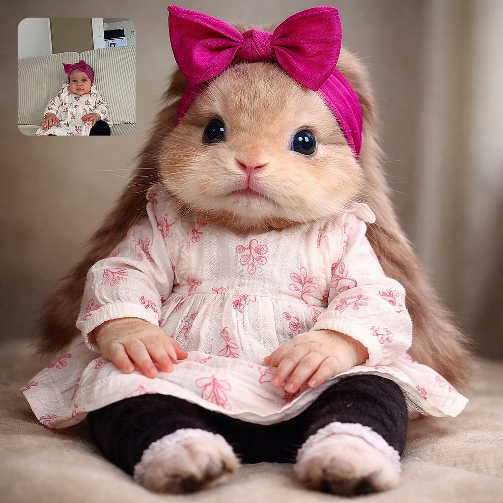 A chubby-cheeked baby in a magenta bow headband sits like a tiny monarch on a ribbed couch, plotting snack-time dominance while wearing a floral dress and mismatched determination. Background shows a calm apartment scene and a stray app screenshot border framing the royal portrait.