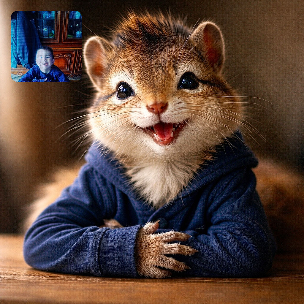 A beaming little kid leans on a table like it's a stage, flashing a wide grin and looking like he just told the best joke in the house — background is a polished wooden cabinet with a coat casually draped nearby, giving the scene a cozy, lived-in vibe.