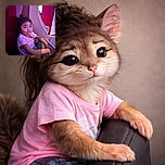 A young child with expressive eyes and a slight smile leans comfortably against a purple wall, wearing a pink cartoon t-shirt. The lighting casts a warm glow on her arms, while the background shows a playful, colorful environment with curved white furniture and red panels.