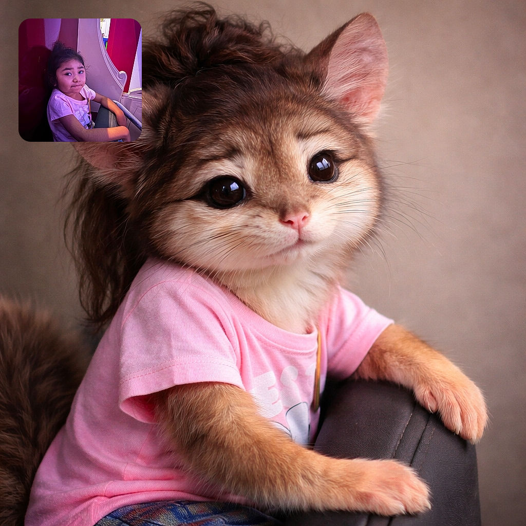 A young child with expressive eyes and a slight smile leans comfortably against a purple wall, wearing a pink cartoon t-shirt. The lighting casts a warm glow on her arms, while the background shows a playful, colorful environment with curved white furniture and red panels.