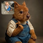 A curious toddler with a tiny ponytail on top of their head is kneeling on a smooth concrete floor, dressed adorably in denim overalls and a white shirt, looking off to the side with big blue eyes full of wonder.