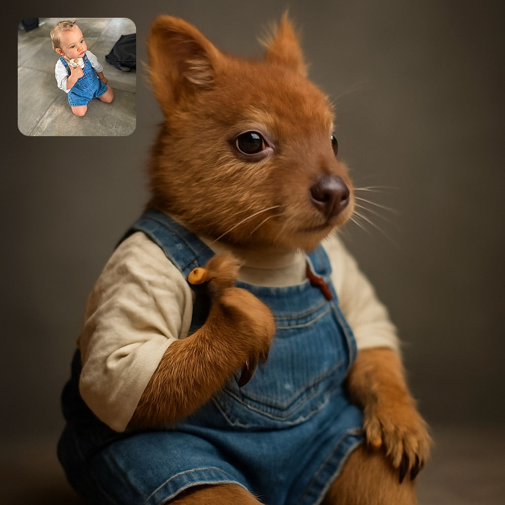 A curious toddler with a tiny ponytail on top of their head is kneeling on a smooth concrete floor, dressed adorably in denim overalls and a white shirt, looking off to the side with big blue eyes full of wonder.