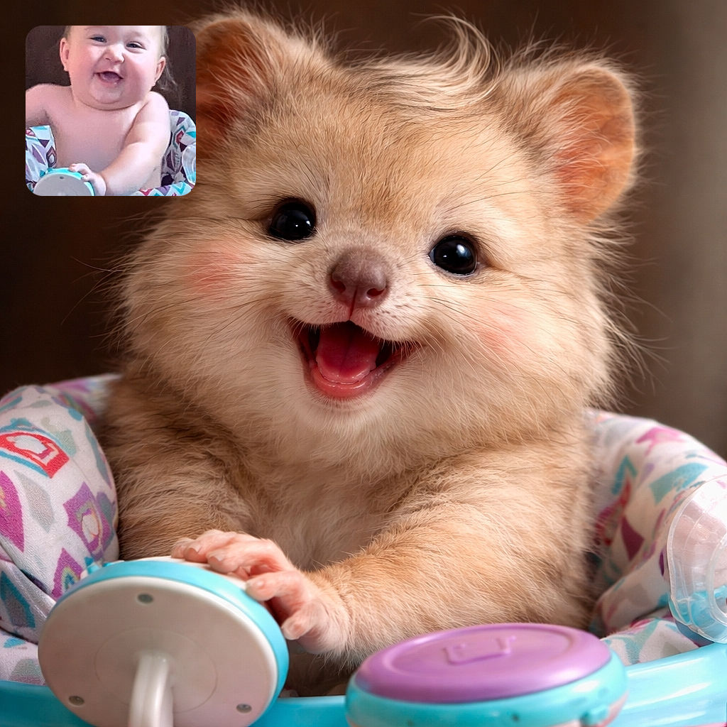A chubby-cheeked baby with a joyful grin is captured mid-play in a colorful baby walker, with a wooden background and app interface elements framing the scene like an accidental digital scrapbook.