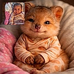 A chubby-cheeked baby grins slyly while lying on a cushioned baby seat with a pink patterned blanket beside them, radiating pure adorable mischief in cozy pajamas.