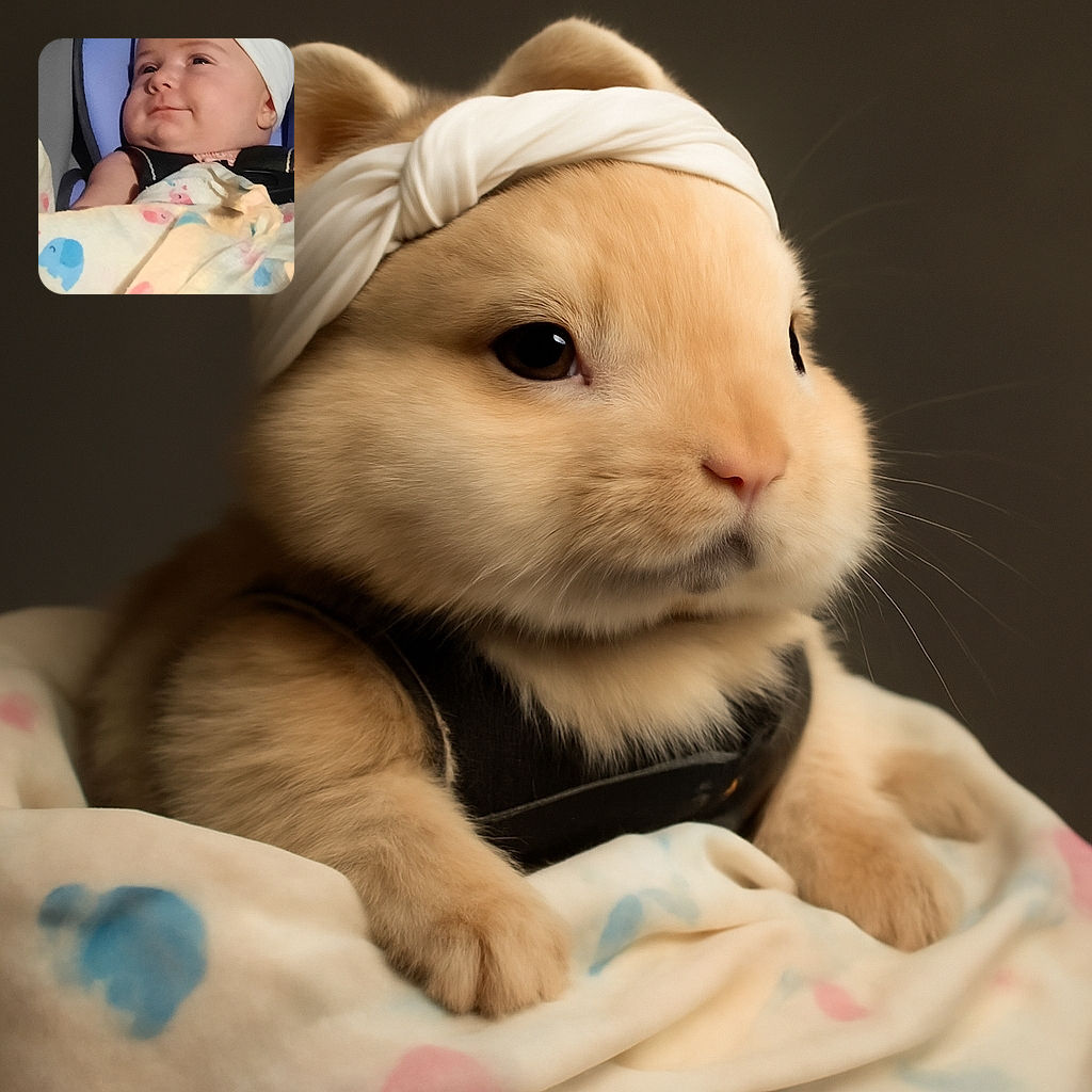 A chubby-cheeked baby wrapped in a colorful elephant-patterned blanket, wearing a white headband, gazes off with a sly smile while comfortably strapped into a car seat.