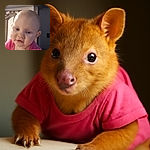 A close-up photo of a curious baby in a pink shirt, leaning forward with a soft expression, set against a dimly lit indoor background with wooden furniture.