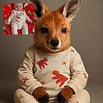 A smiling baby dressed in cozy cream pajamas featuring a festive Winnie the Pooh design, sitting comfortably on a bright red Christmas-themed blanket adorned with Santa, reindeer, and snowflakes. The joyful expression and holiday backdrop create a warm, cheerful vibe.
