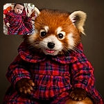 A cute baby in a vibrant red plaid dress sticks out their tongue while sitting comfortably on a cozy, patterned blanket with autumn-themed designs, looking adorably mischievous.