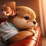 A contemplative toddler resting on a leather couch, bathed in warm golden light from a nearby window, lost in a daydream or perhaps plotting their next adventure.