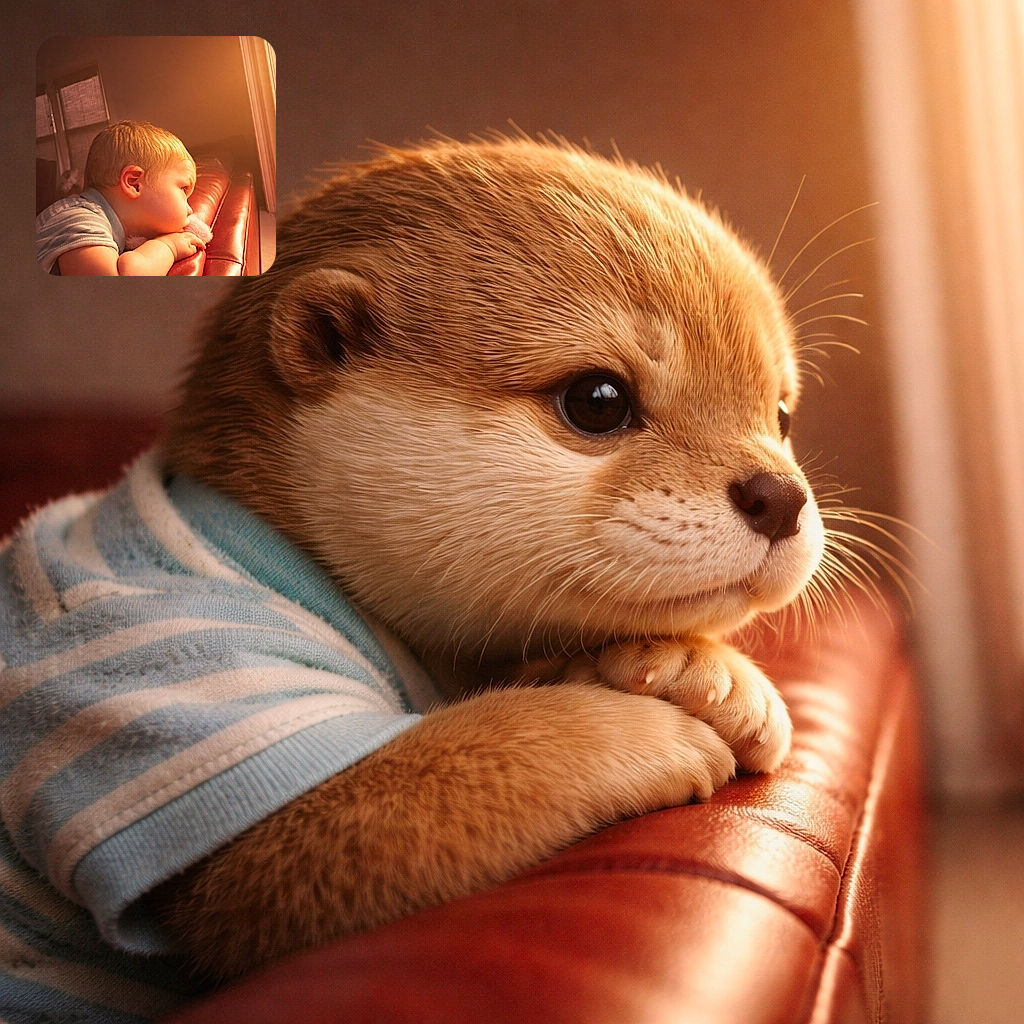 A contemplative toddler resting on a leather couch, bathed in warm golden light from a nearby window, lost in a daydream or perhaps plotting their next adventure.