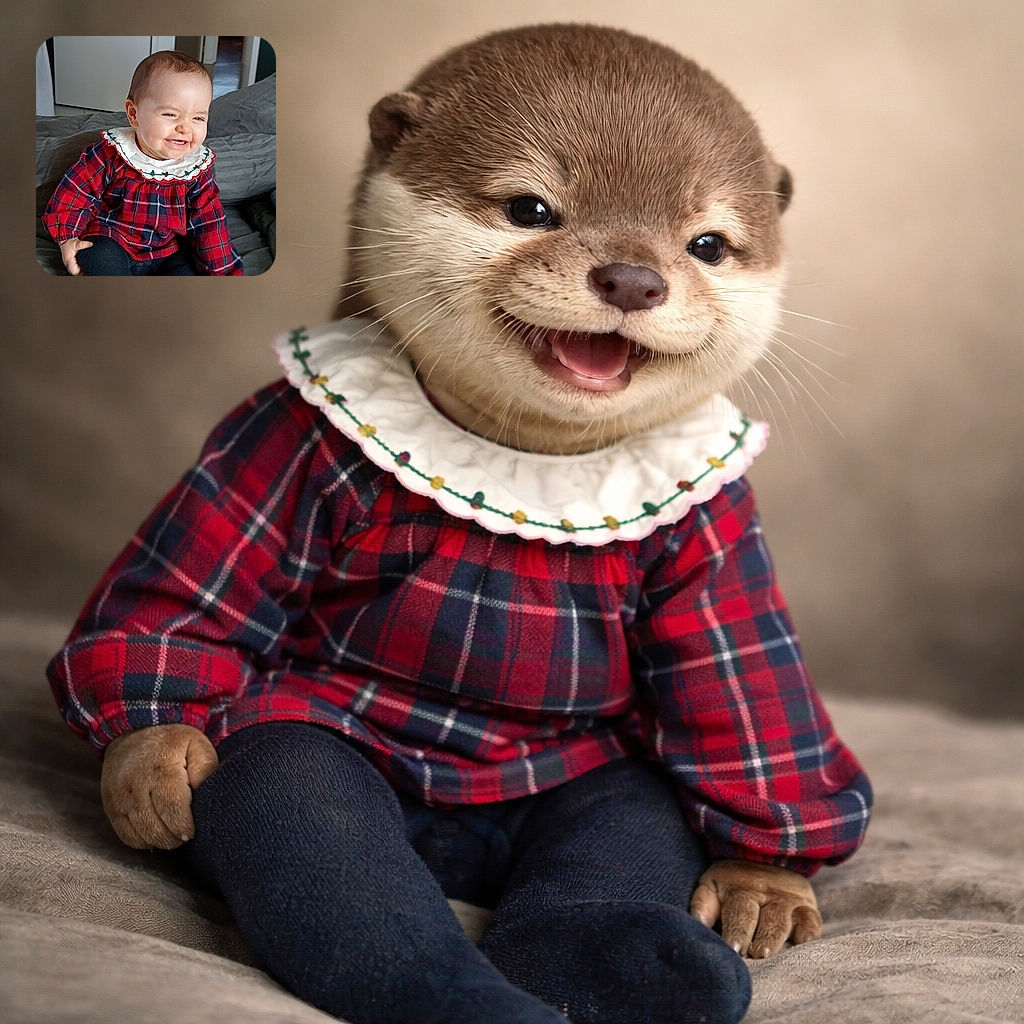 A gleeful baby in a red plaid dress sits on a rumpled bed, scrunching their face into a cheeky grin as if they've just told the world's best joke; soft natural light, neutral bedroom background, and tiny hands clutching a knee complete the cozy, candid moment.