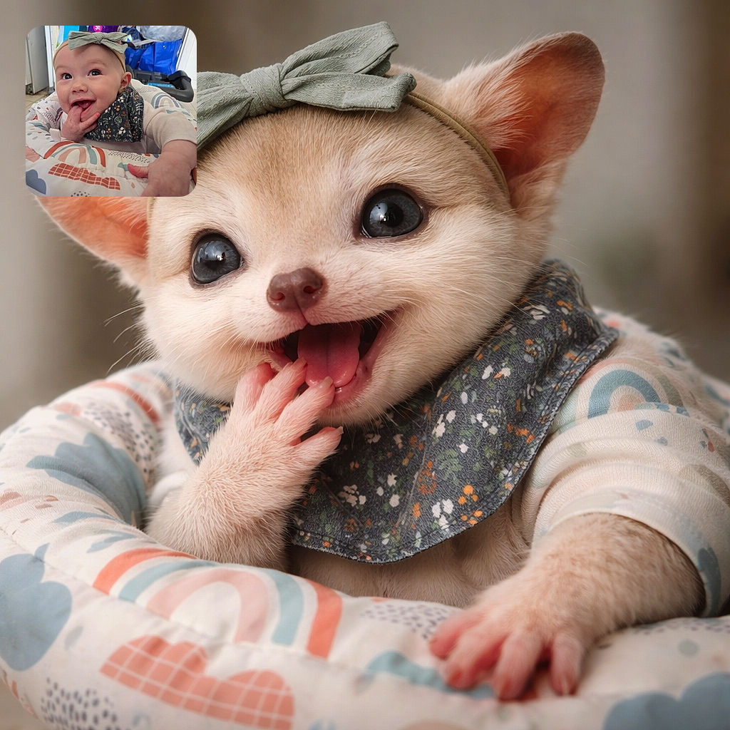A joyful baby with a cute headband and floral bib is caught mid-giggle, fingers playfully in the mouth, surrounded by a colorful patterned cushion, with a cluttered kitchen background adding a touch of everyday chaos.