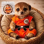 A cute baby dressed in an orange outfit inspired by a popular anime character, sitting comfortably in a cozy round basket with a soft cushion, against a rustic white wooden floor background. The baby looks calm and curious, making this a heartwarming and charming portrait.