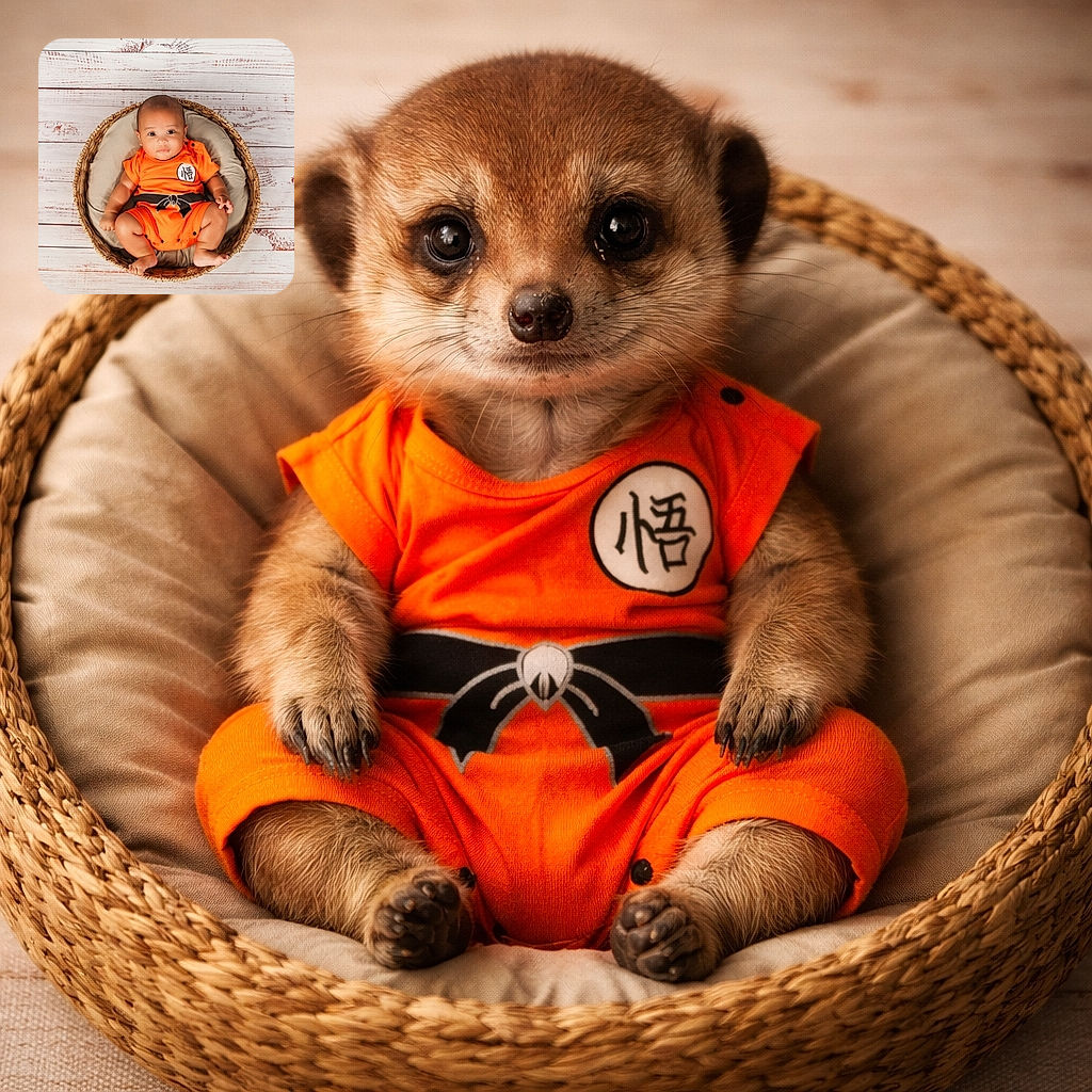 A cute baby dressed in an orange outfit inspired by a popular anime character, sitting comfortably in a cozy round basket with a soft cushion, against a rustic white wooden floor background. The baby looks calm and curious, making this a heartwarming and charming portrait.