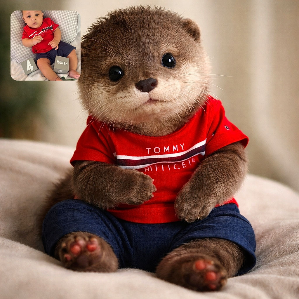 A cute baby wearing a red Tommy Hilfiger shirt and navy shorts is lying on a checkered pillow and soft blanket, surrounded by blocks showing '4 MONTH' to celebrate their age milestone. The baby looks curious and slightly surprised, with a tiny drool adding to the adorable vibe.