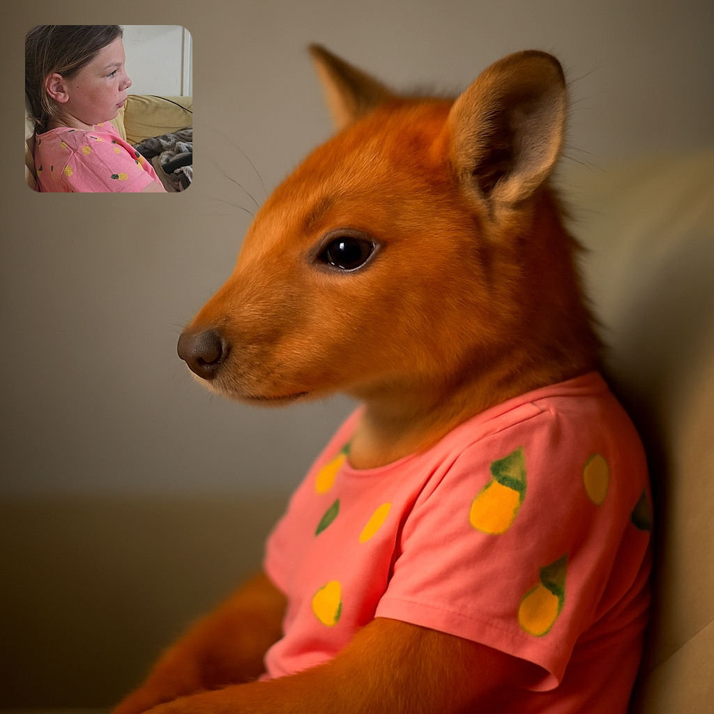 A focused young child in a pink pineapple-patterned shirt sits on a couch, gazing intently at something off-camera with a calm, thoughtful expression. The cozy background includes a blanket and a neutral wall, creating a relaxed home atmosphere.