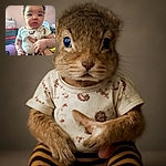 A curious baby with big eyes and curly hair is being gently held, wearing a cute lion-themed shirt and striped pants, sitting amidst a cozy indoor setting with soft lighting and colorful blankets.