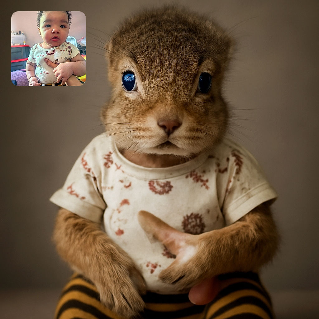 A curious baby with big eyes and curly hair is being gently held, wearing a cute lion-themed shirt and striped pants, sitting amidst a cozy indoor setting with soft lighting and colorful blankets.