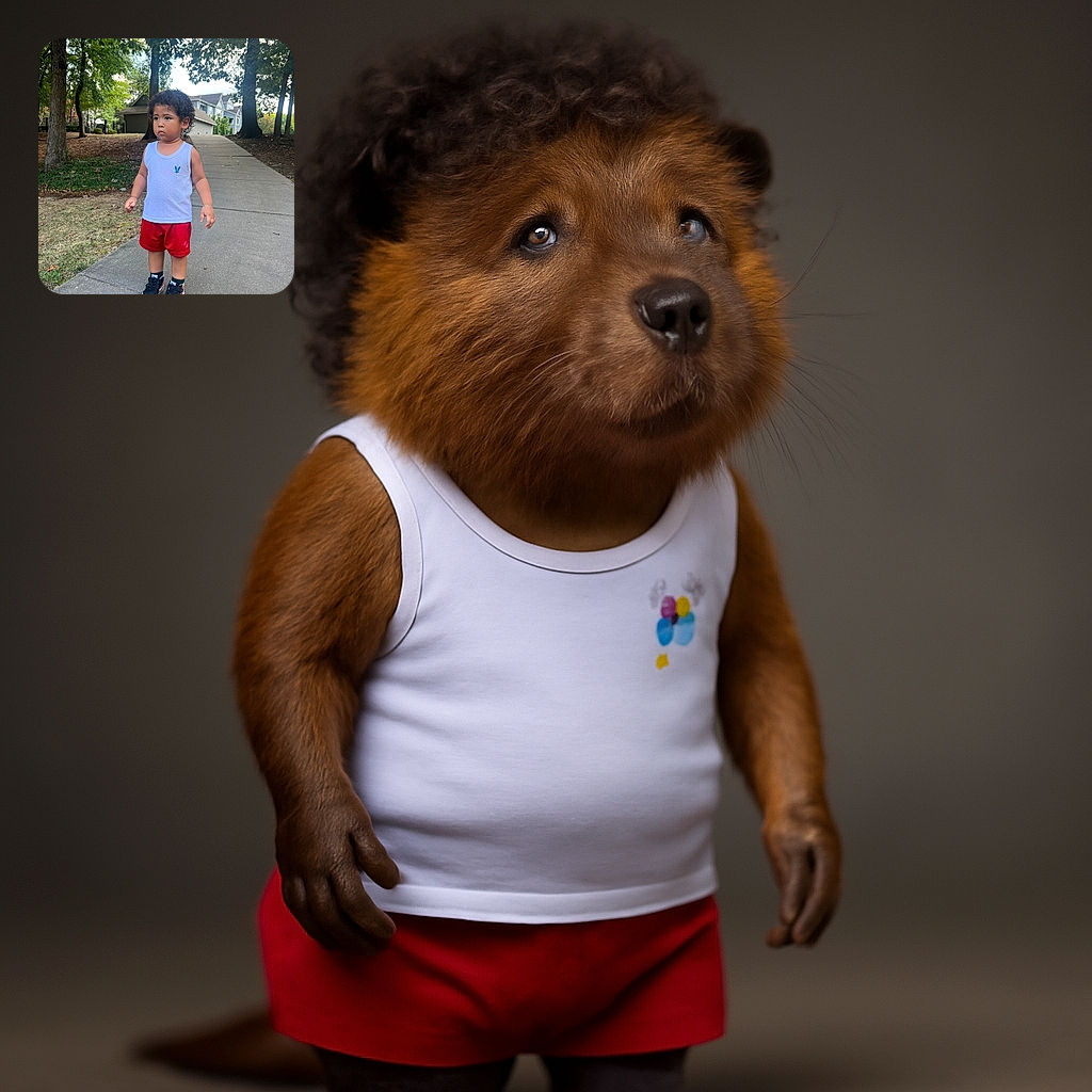 A toddler with curly hair stands on a sidewalk in a suburban neighborhood, wearing a white sleeveless shirt and red shorts, looking curiously to the side with a serious expression. The background features trees, grass, and houses under a bright sky.