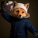 A cheerful child dressed warmly in a white knit hat and dark jacket poses with arms wide open next to a decorated Christmas tree and a colorful festive sign with holiday drawings and the word 'Bienvenue'. The scene is cozy and festive with a dark background highlighting the joyful subject.
