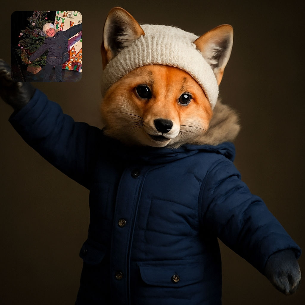A cheerful child dressed warmly in a white knit hat and dark jacket poses with arms wide open next to a decorated Christmas tree and a colorful festive sign with holiday drawings and the word 'Bienvenue'. The scene is cozy and festive with a dark background highlighting the joyful subject.