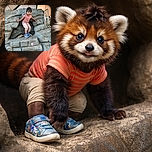 A cheerful young child wearing a striped shirt and colorful shoes is playfully perched inside a rock-like playground structure, looking ready for an adventure with a big smile and bright eyes.