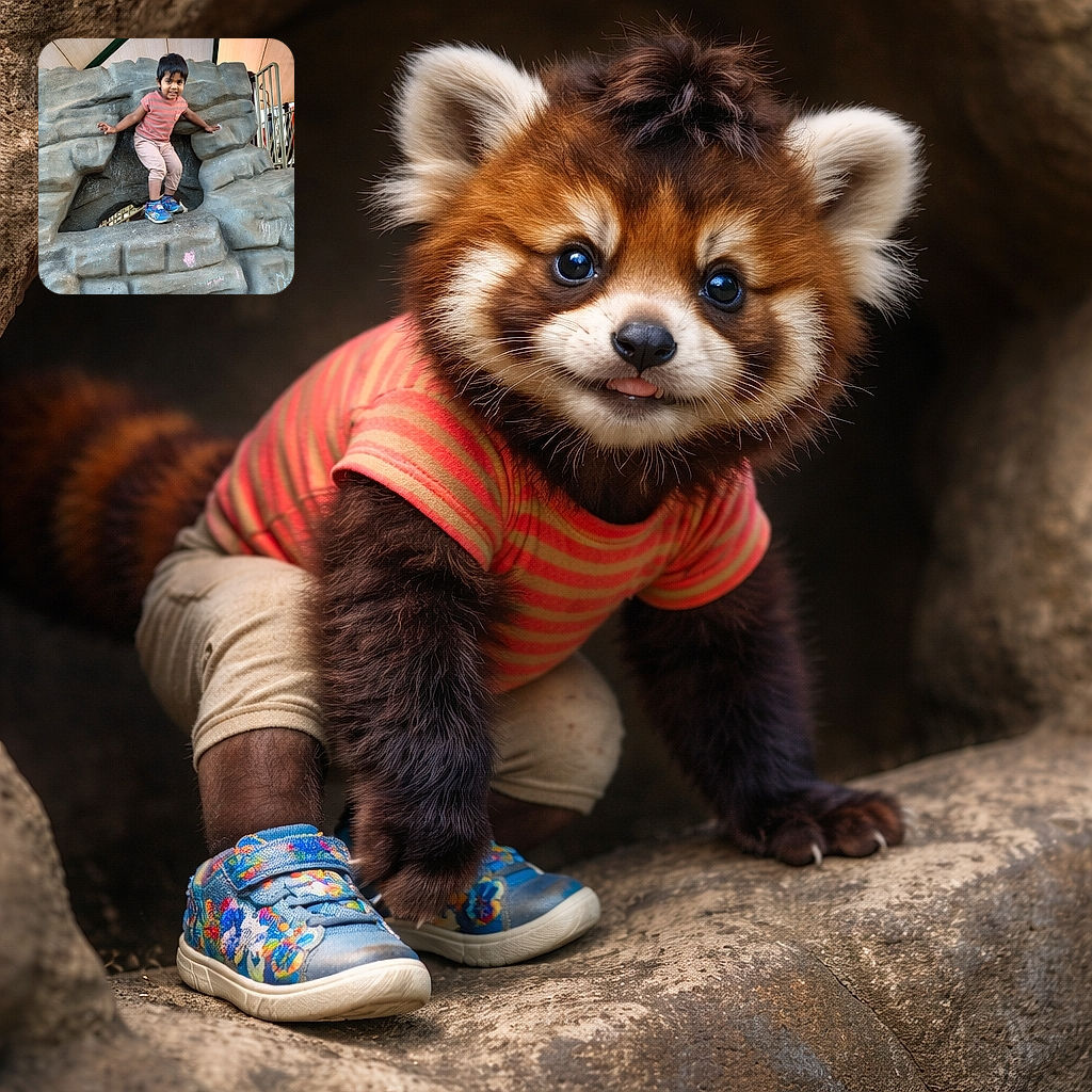 A cheerful young child wearing a striped shirt and colorful shoes is playfully perched inside a rock-like playground structure, looking ready for an adventure with a big smile and bright eyes.
