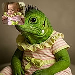 A cute baby with slicked-back hair is lounging on a couch, wearing a pink and white striped outfit with bright yellow ruffles and a bow, looking thoughtfully to the side with soft natural light highlighting the delicate features.