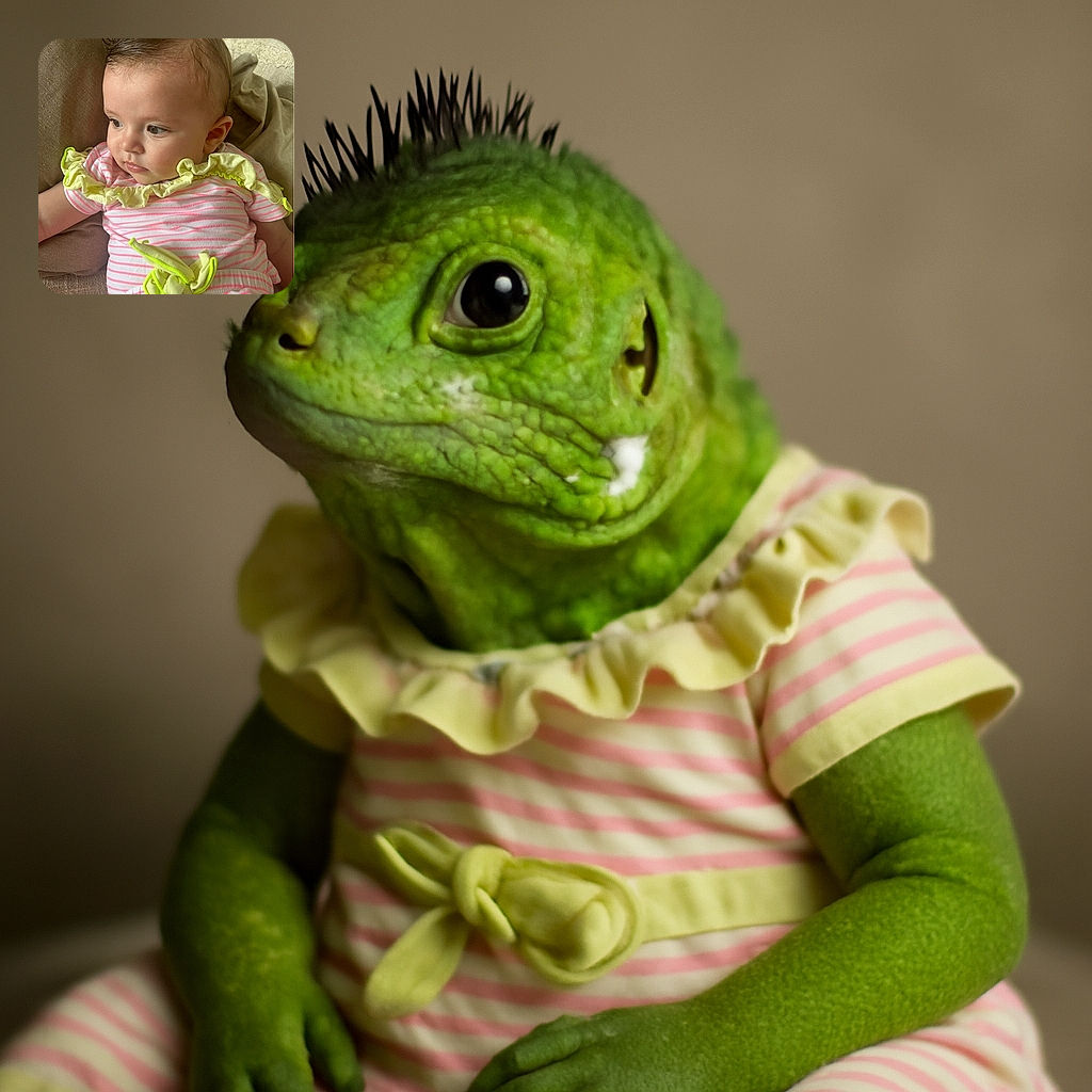 A cute baby with slicked-back hair is lounging on a couch, wearing a pink and white striped outfit with bright yellow ruffles and a bow, looking thoughtfully to the side with soft natural light highlighting the delicate features.