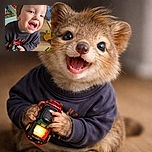 A joyful toddler with sparkling eyes and a wide smile holds a colorful toy car with a glowing light, surrounded by scattered toys on a wooden floor, capturing a candid moment of playful innocence.