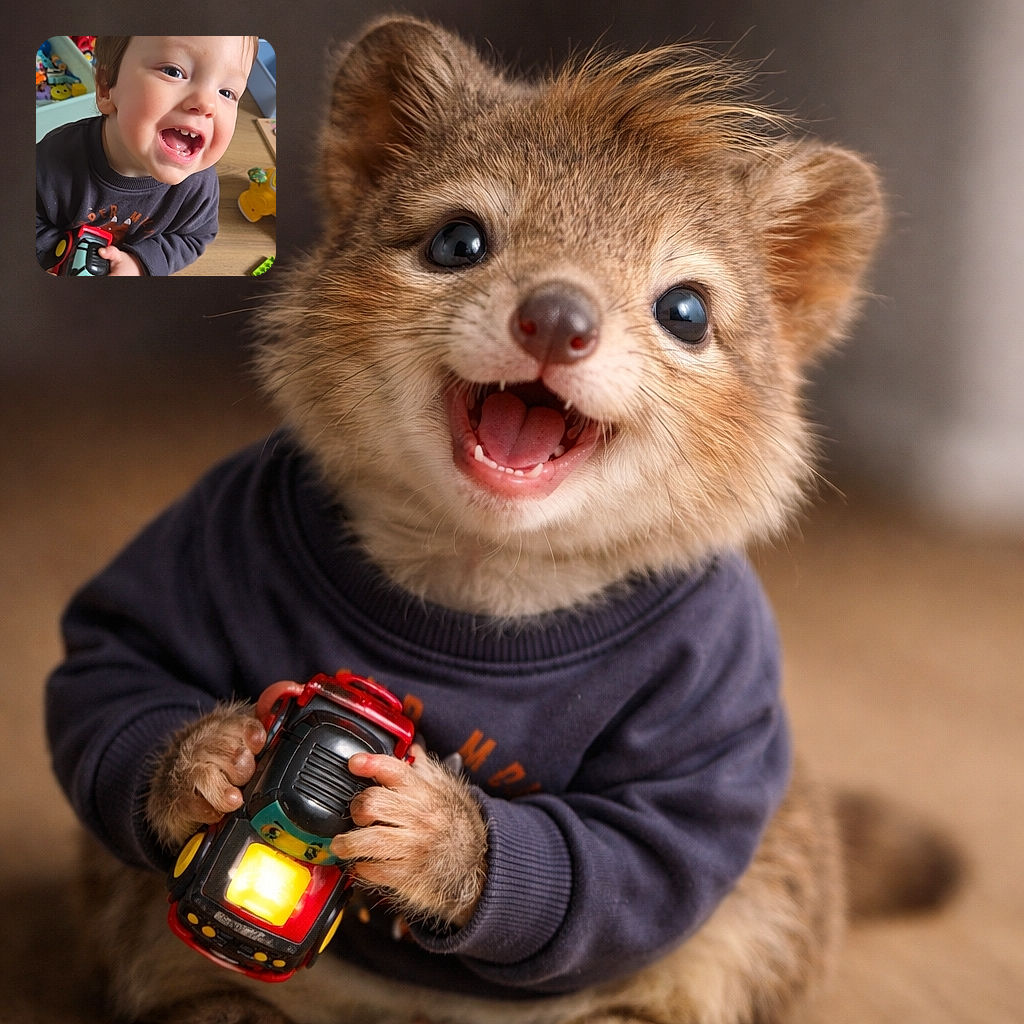 A joyful toddler with sparkling eyes and a wide smile holds a colorful toy car with a glowing light, surrounded by scattered toys on a wooden floor, capturing a candid moment of playful innocence.