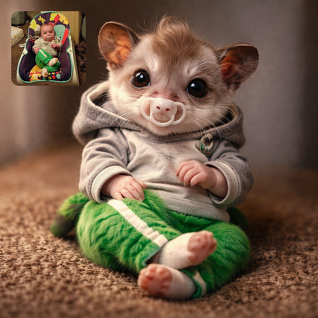 A pudgy-cheeked baby lounges like a tiny monarch in a brightly patterned bouncer, pacifier in place and green pants on full display — giving a calm, slightly unimpressed stare that says 'I've inspected the world and it's fine.'