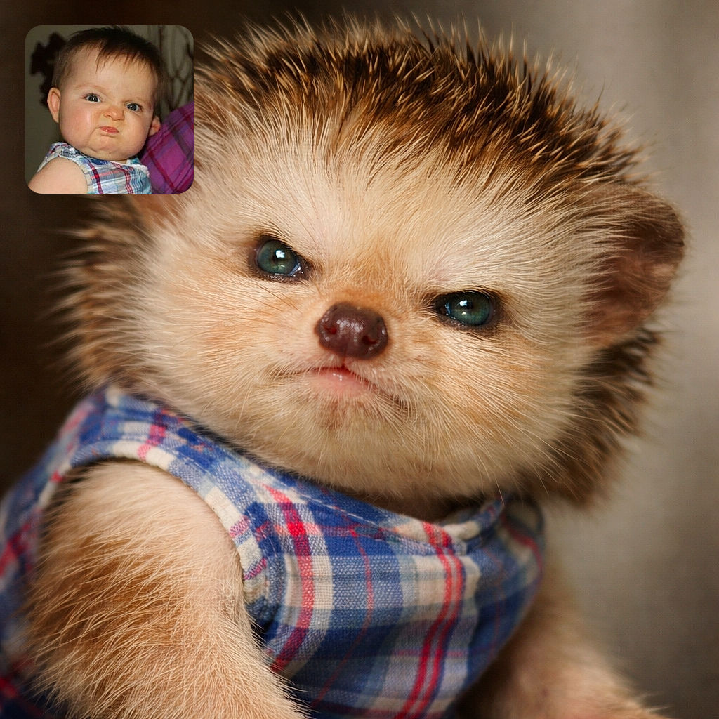 A chubby baby making a hilarious grumpy face, scrunching up their nose and pursing lips as if expressing the ultimate displeasure, wearing a plaid outfit with a blurred background and a hint of a purple plaid sleeve nearby.