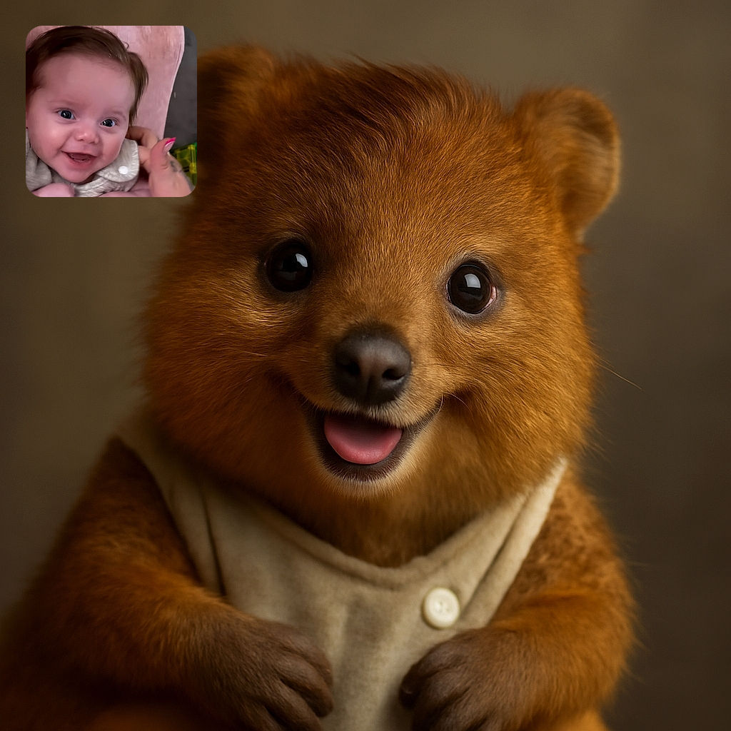 A joyful baby with bright eyes and a big smile is being gently held, with a thumb showing a pink manicure giving a thumbs-up, all set against a soft pink background, capturing a heartwarming moment.