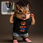 A cheerful child stands in front of a gray door, hands raised near their head, mouth open in mid-expression, wearing a black t-shirt with a colorful bear graphic, denim shorts, black knee-high socks, and pink sneakers, with natural light coming from the left side.