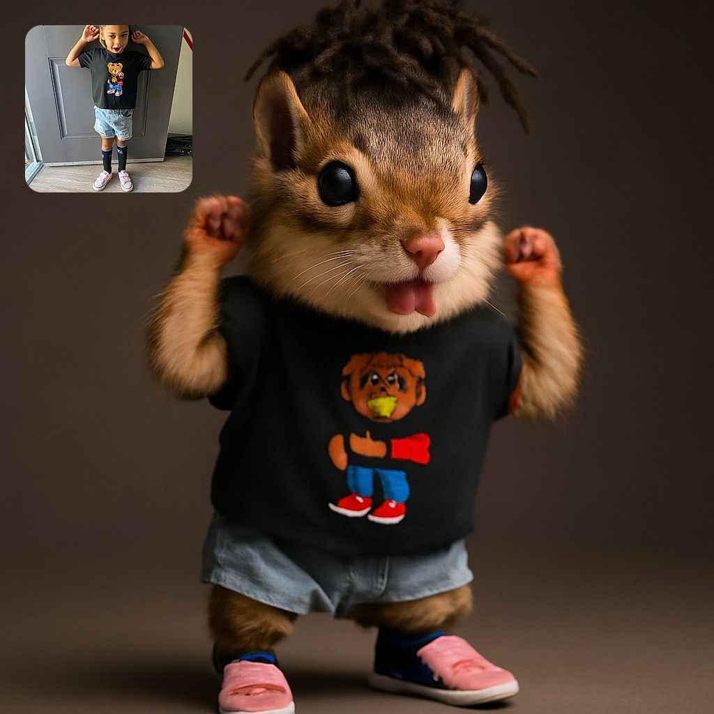 A cheerful child stands in front of a gray door, hands raised near their head, mouth open in mid-expression, wearing a black t-shirt with a colorful bear graphic, denim shorts, black knee-high socks, and pink sneakers, with natural light coming from the left side.