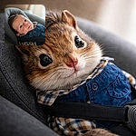 A close-up photo of a curious baby with big blue eyes, lying comfortably in a padded car seat, dressed in a plaid shirt and blue overalls, bathed in soft natural light from the background window.