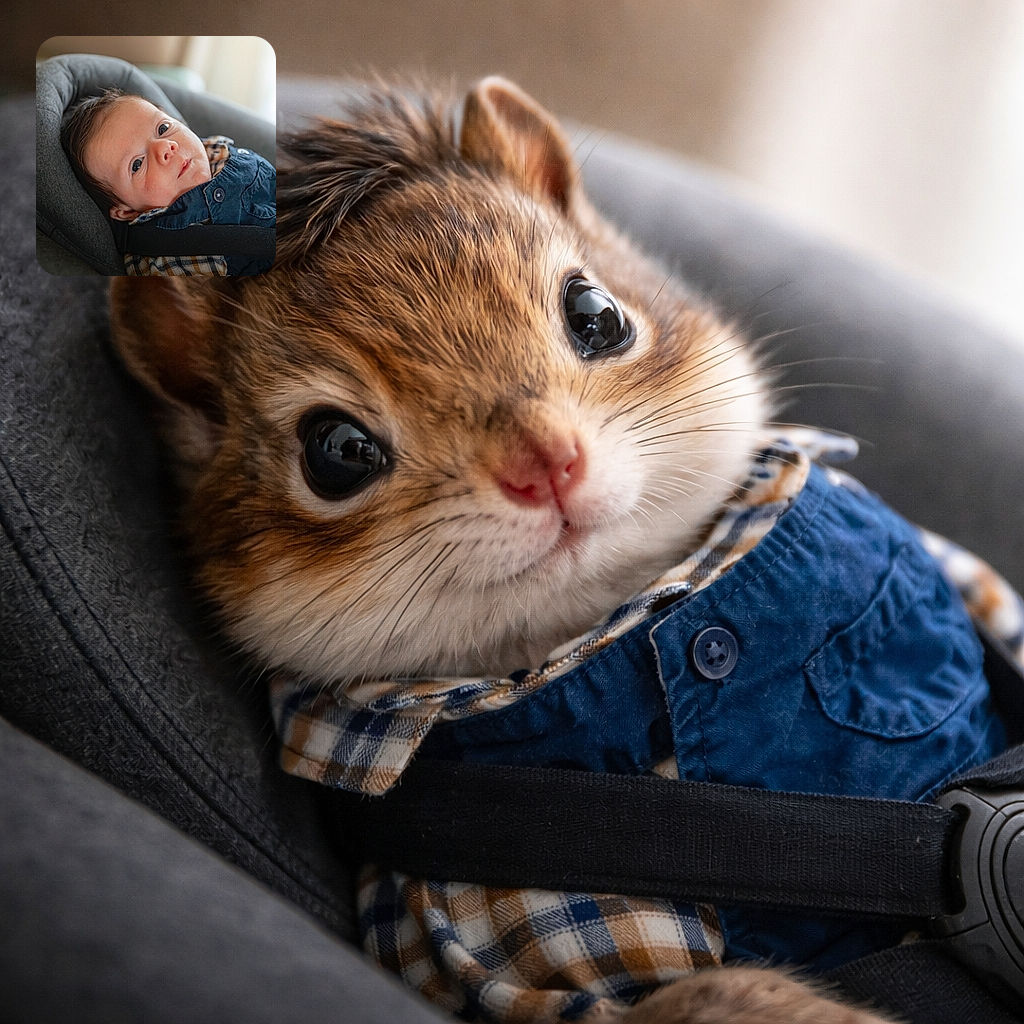A close-up photo of a curious baby with big blue eyes, lying comfortably in a padded car seat, dressed in a plaid shirt and blue overalls, bathed in soft natural light from the background window.