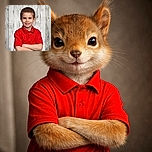 A confident young boy in a bright red polo shirt stands with his arms crossed, smiling slightly against a rustic white wooden plank background, looking ready to take on the world or at least the school day.